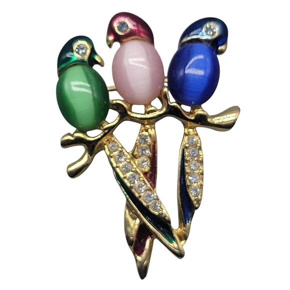Australian Crystal Parrot Brooch Trio of Birds on Perch Multicolor Jelly Belly - Picture 5 of 8